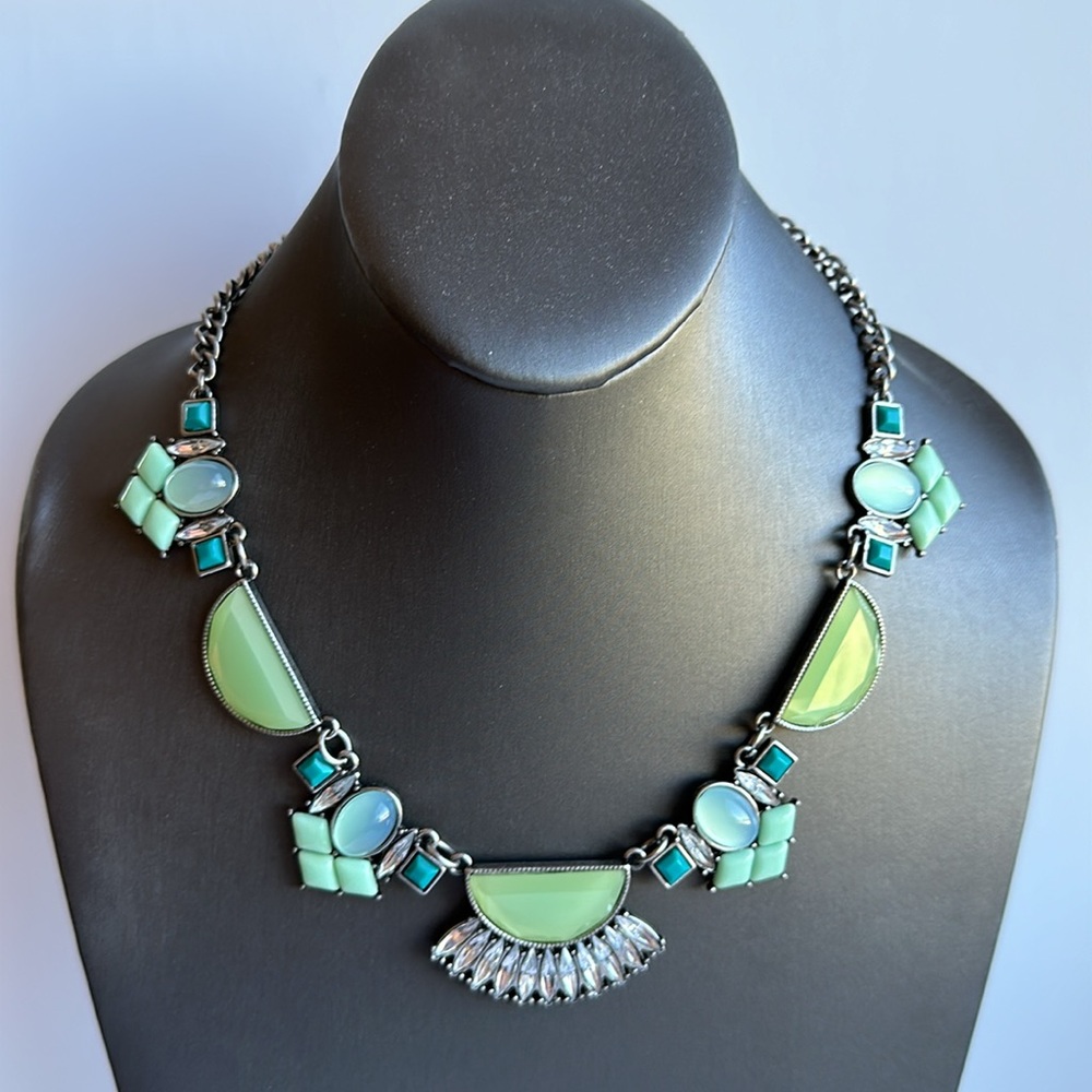 Art Deco Inspired Statement Necklace Green Blue Clear Silver Tone by Lia Sophia